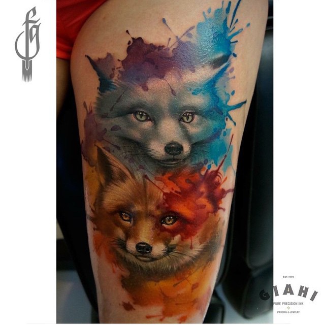 Blue Red Watercolor Foxes Tattoo on Thigh