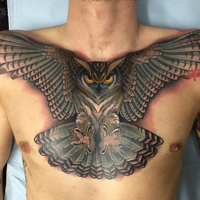 Chest Wide Wings Owl Tattoo