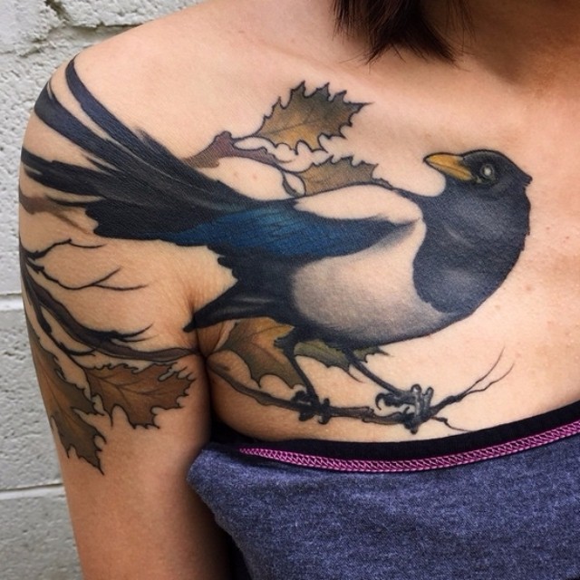 Chest and Shoulder Magpie Tattoo