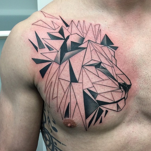Geometry Pieces Lion Chest Tattoo