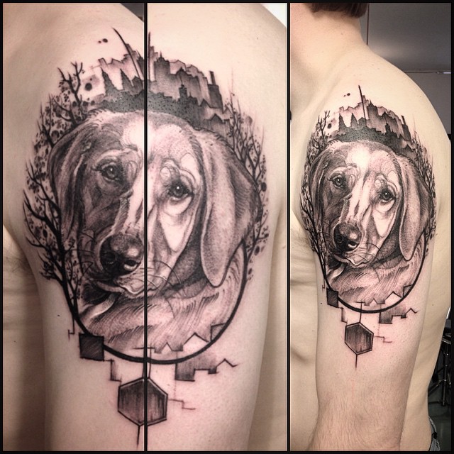 Graphic Pet Dog Tattoo on Shoulder