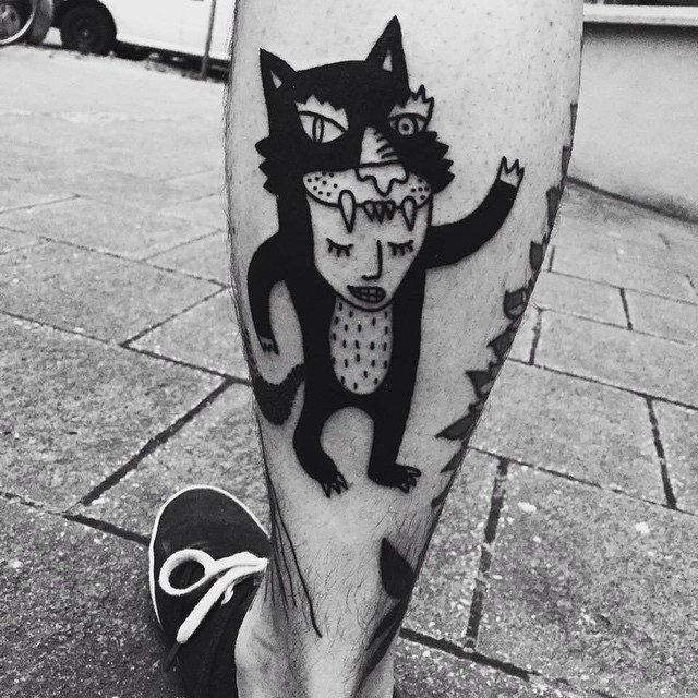 Man in Cat Skin Blackwork Tattoo on Leg