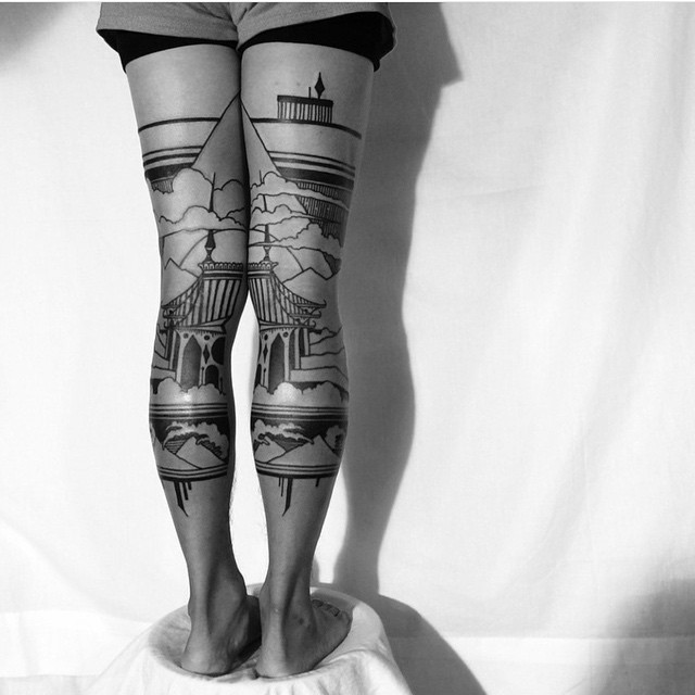 Matching Leg Sky Castle Tattoos