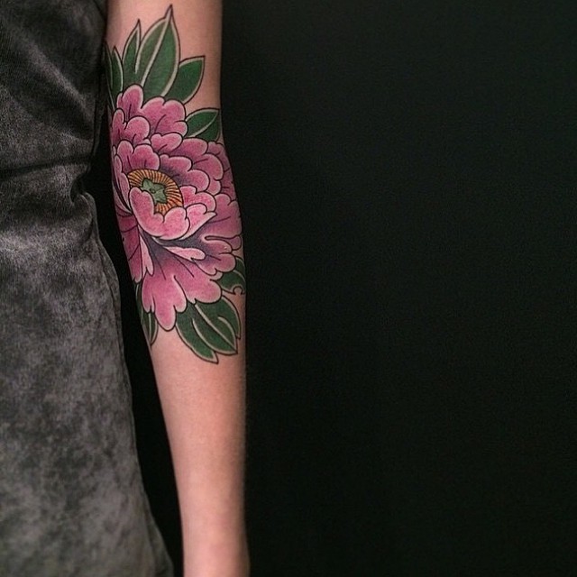 Pink Peony Flower Tattoo on Arm