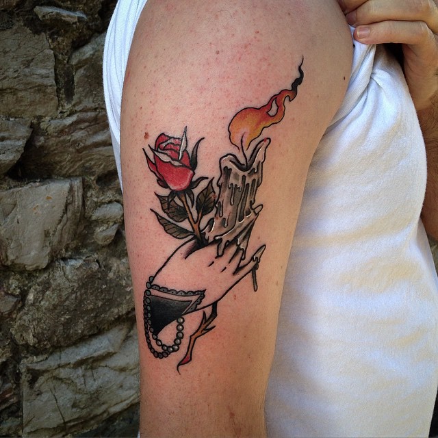 Rose and Candle in Hand Tattoo on Shoulder