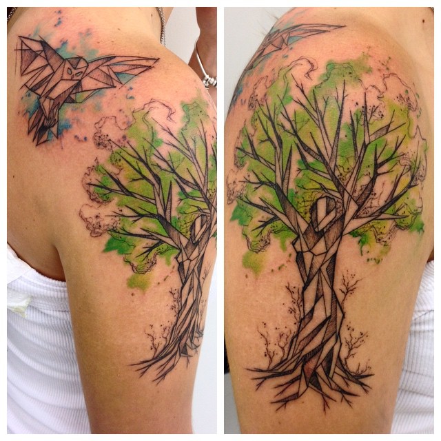 Sketchy Watercolor Tree Tattoo on Shoulder
