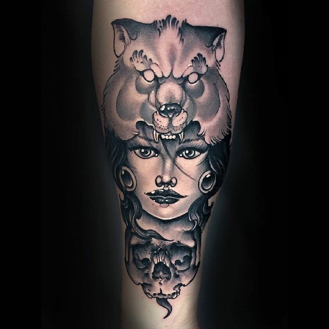 Skull Girl Wolf Arm Tattoo