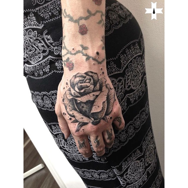 Stone Rose Dotwork Tattoo on Hand