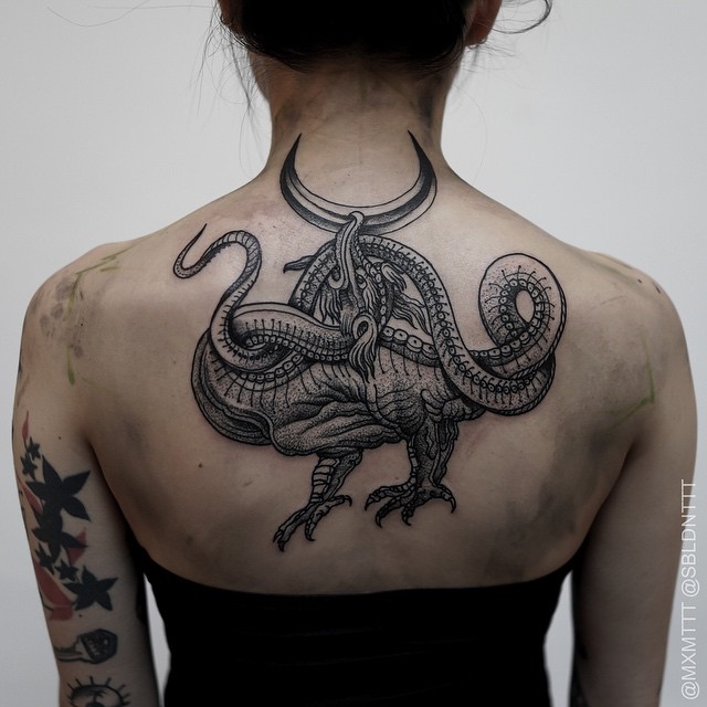Tentacle Moon Dragon tattoo on Back