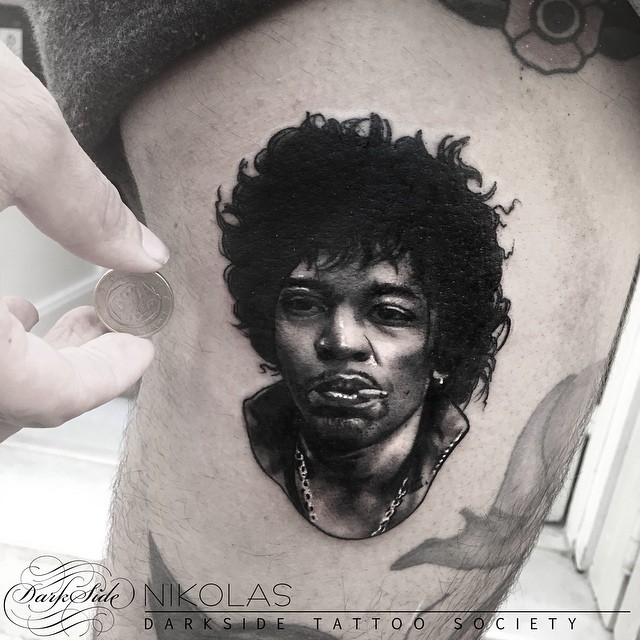 Tiny Jimi Hendrix Portrait Tattoo