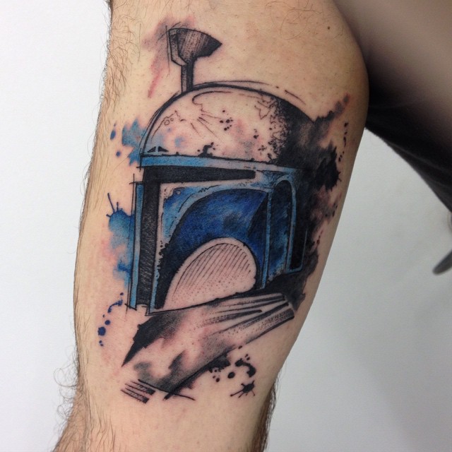 Watercolor Boba Fett Star Wars Tattoo on Leg