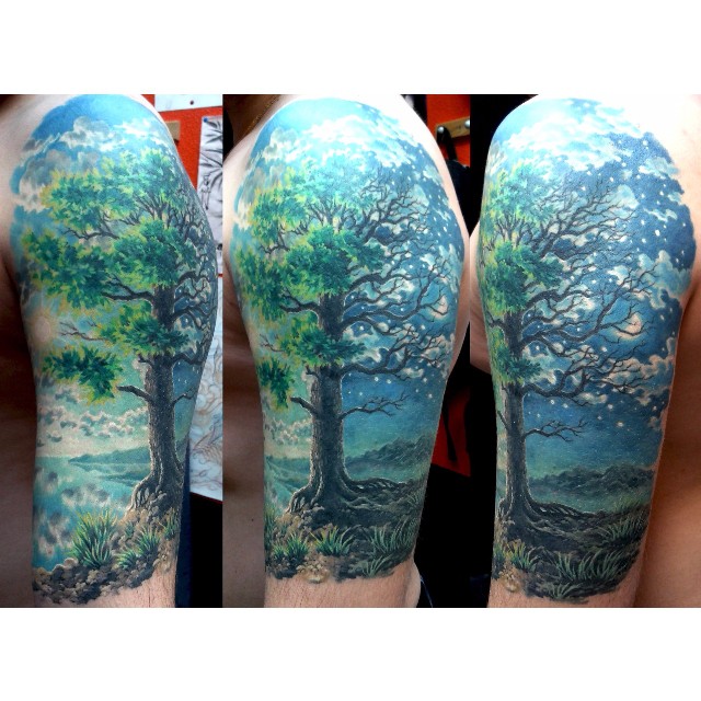 Night Tree Tattoo on Shoulder