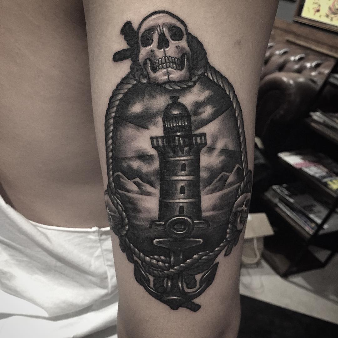 Skull Lighthouse Tattoo on Arm