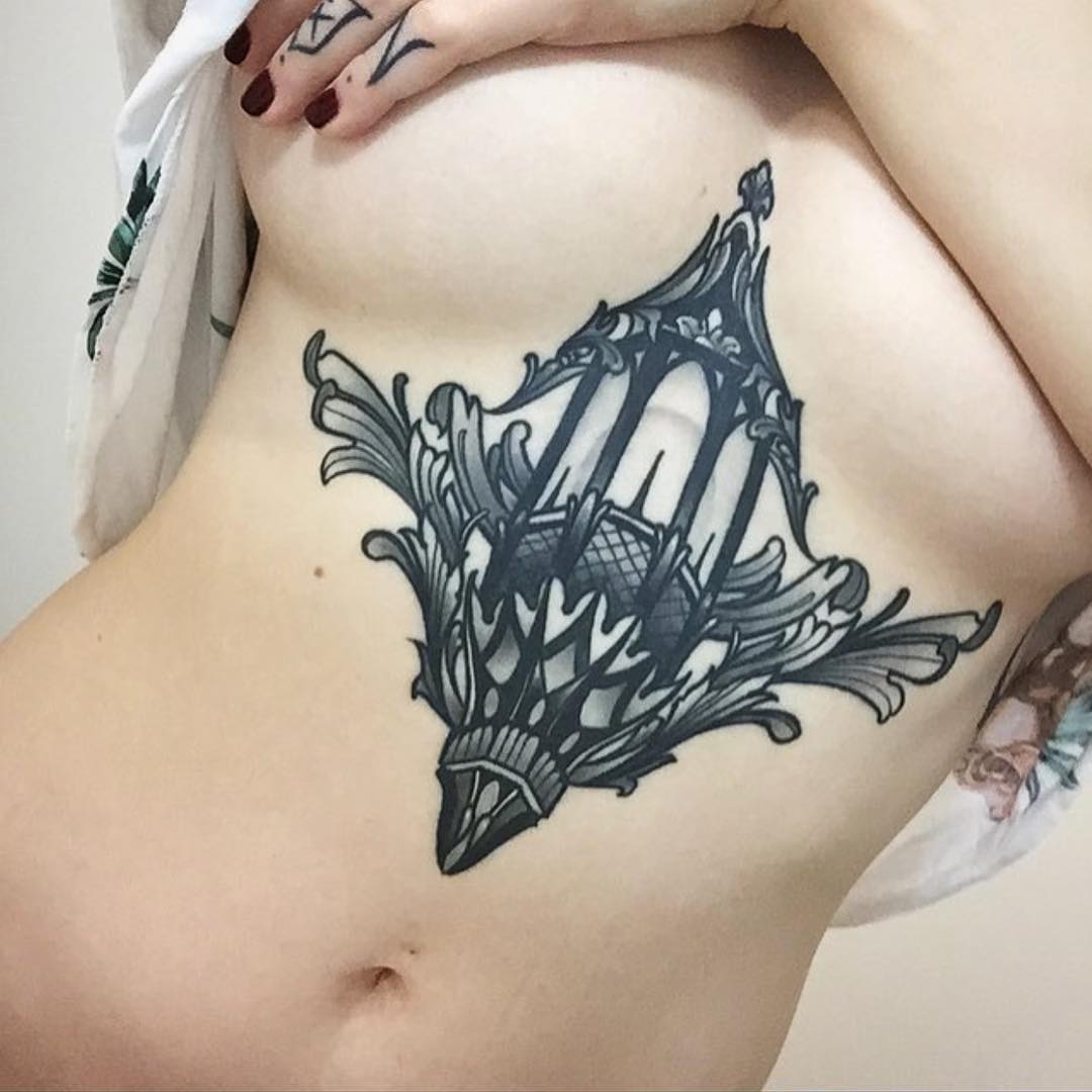 Stomach Blackwork Tattoo for Girl