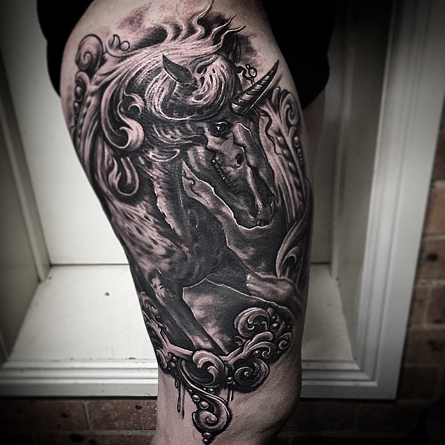 Unicorn of Death Tattoo on Thigh