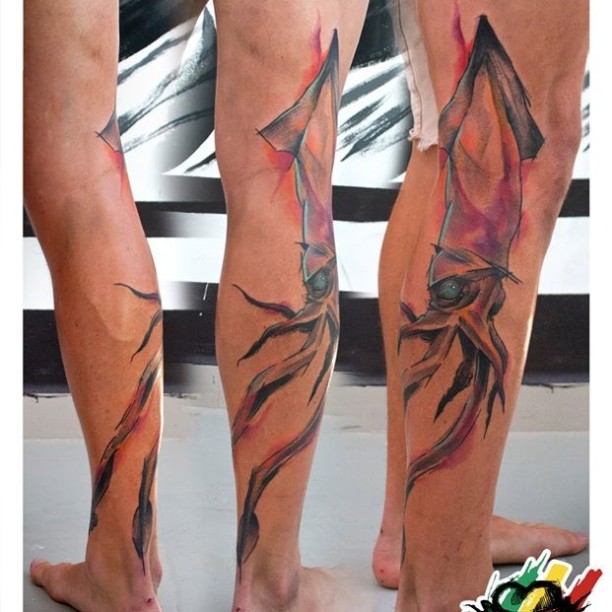 Watercolor Squid Tattoo on Leg