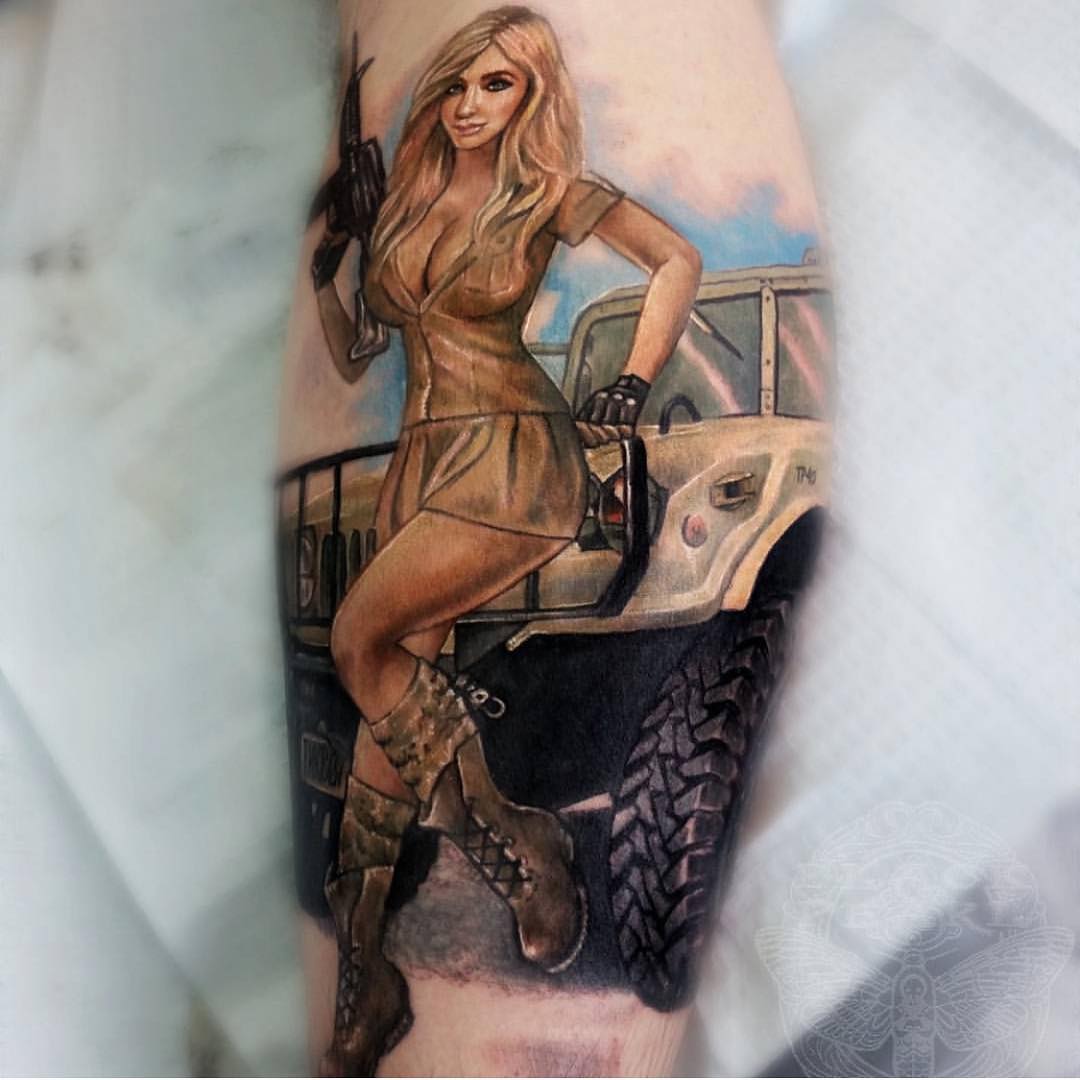 Army Girl Tattoo on Calf