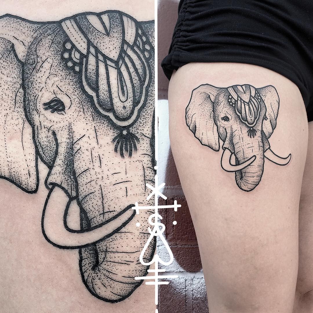 Circus Elephant Tattoo on Thigh