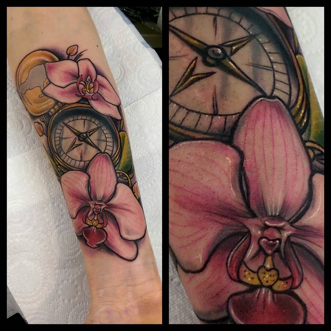 Orchids and Compas Tattoo on Arm
