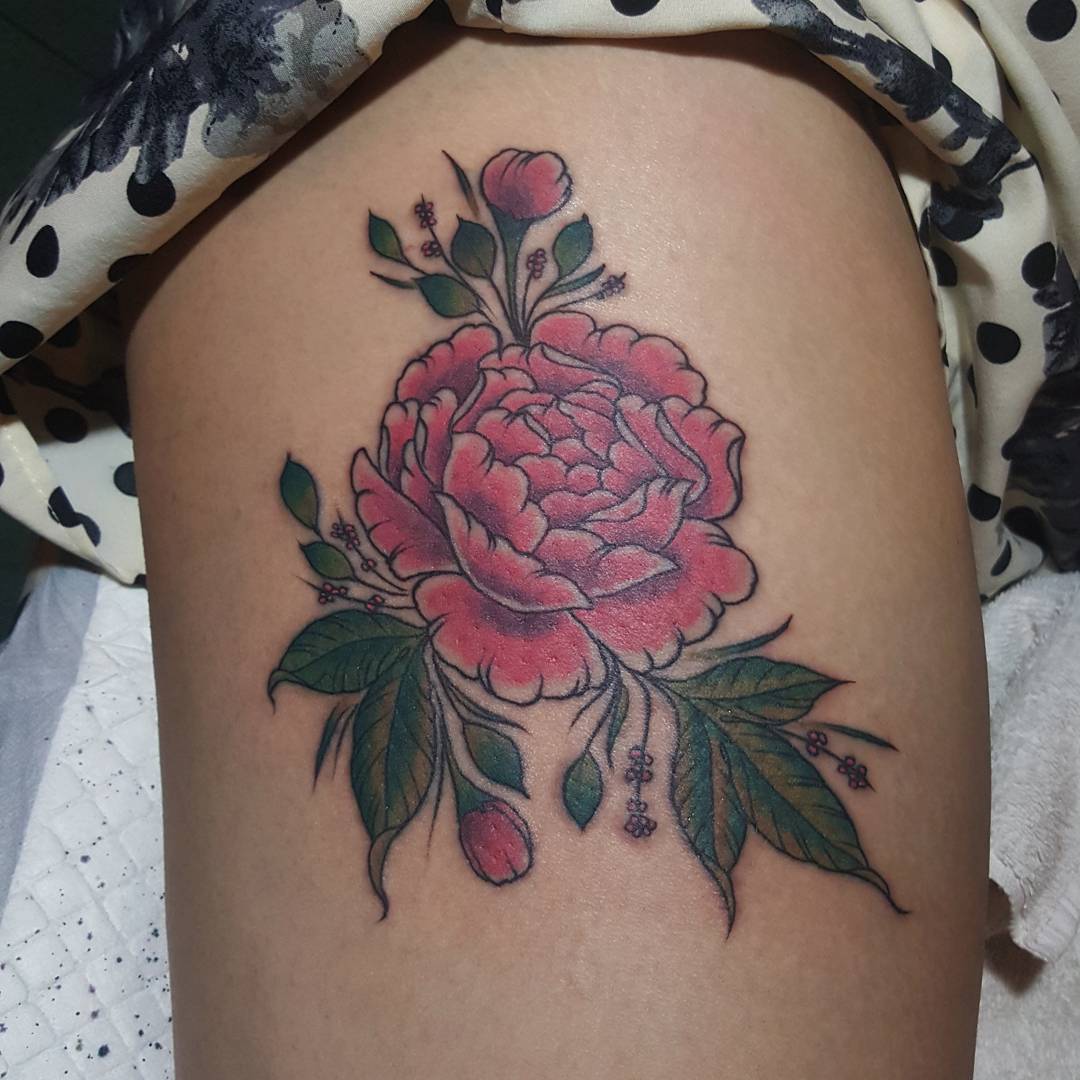 Pink Flower Tattoo on Thigh