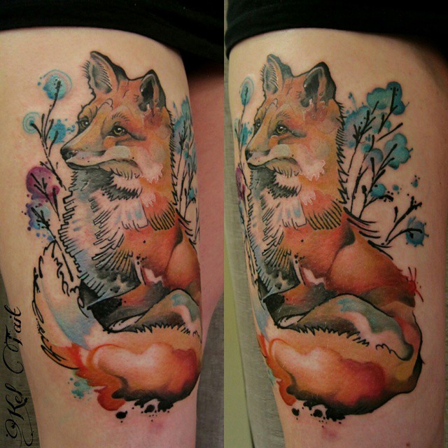 Thigh Watercolor Fox Tattoo