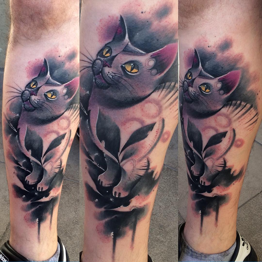 Violet Cat Tattoo on Leg