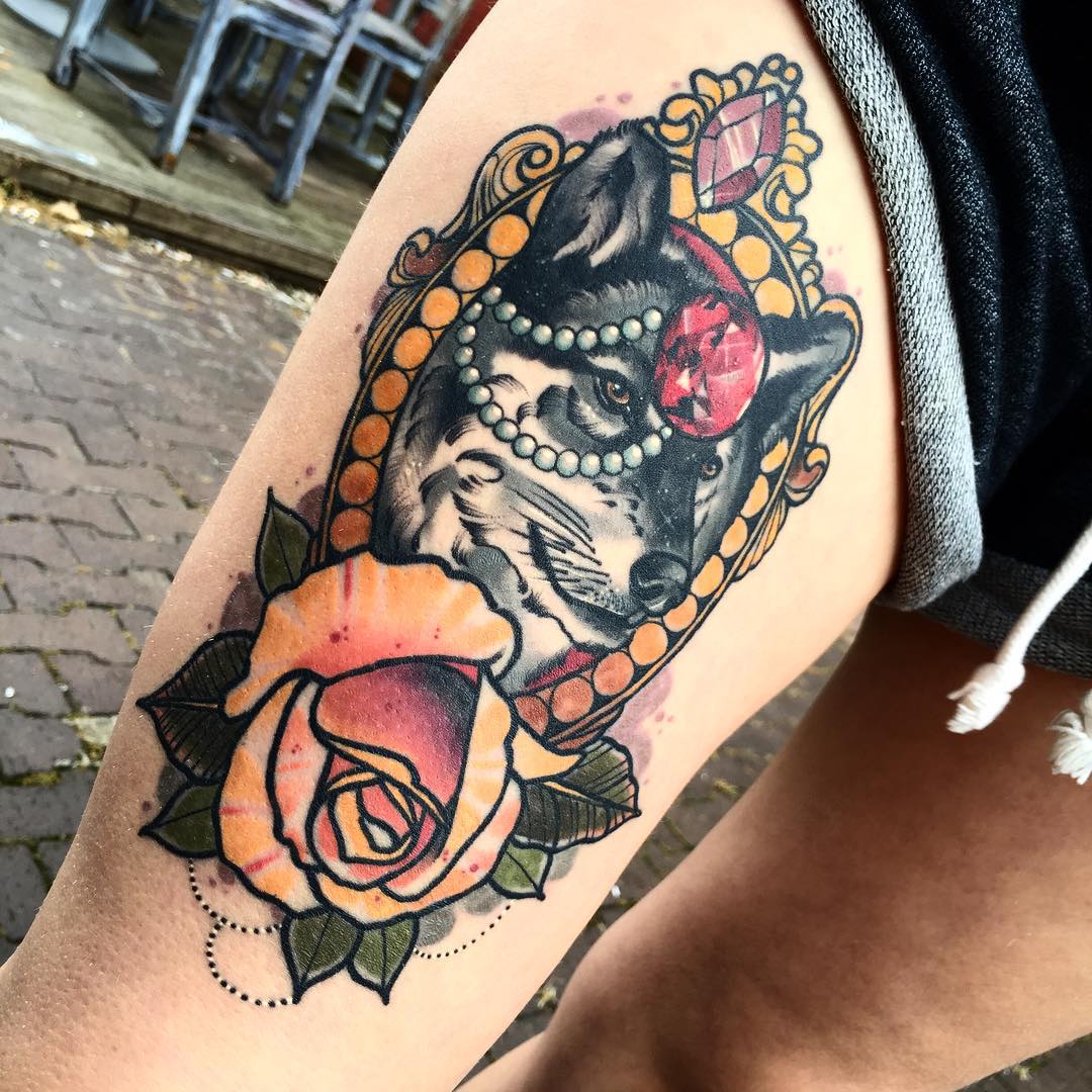 Wolf Ruby Rose Tattoo on Thigh