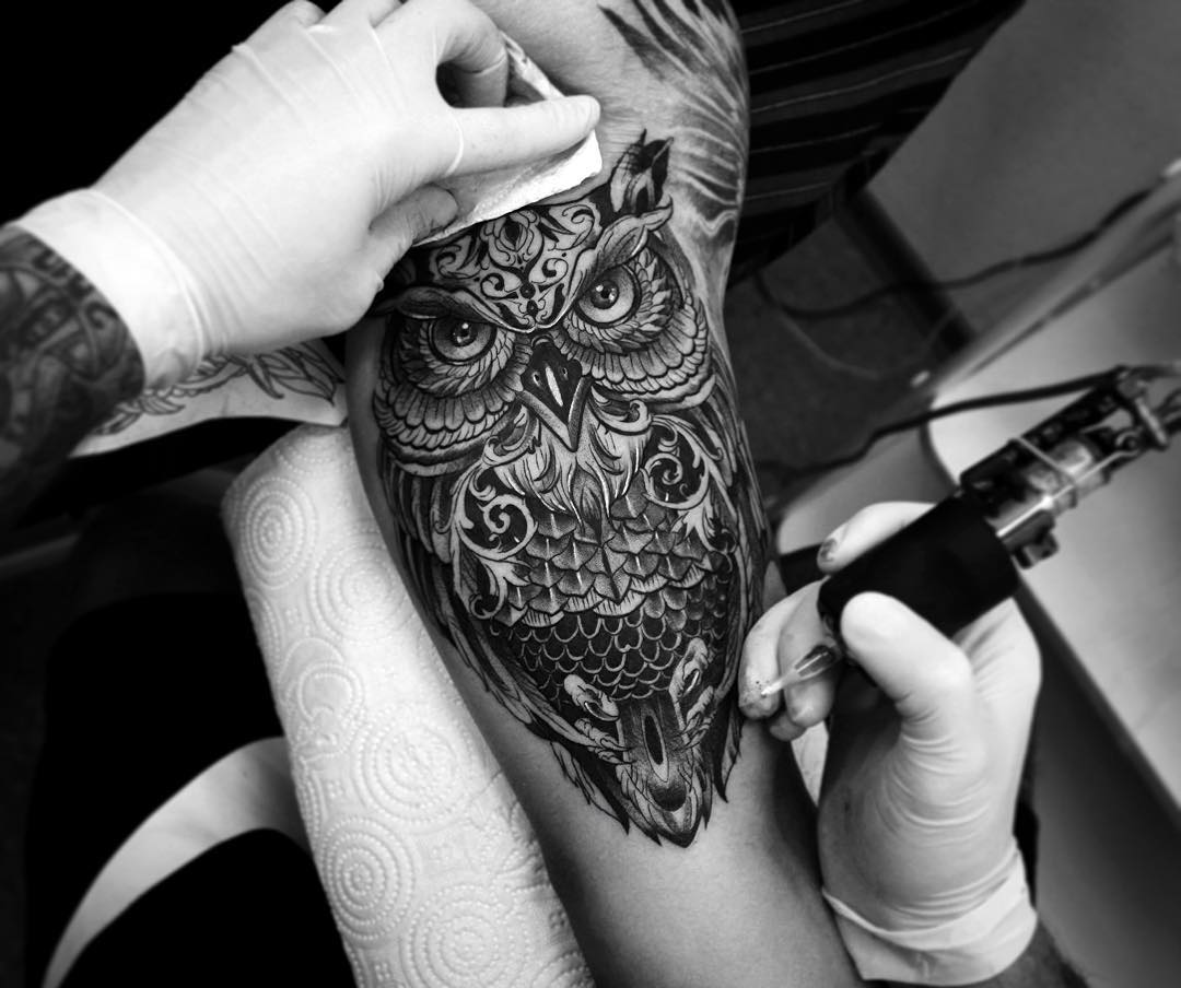 Black and Grey Owl Tattoo