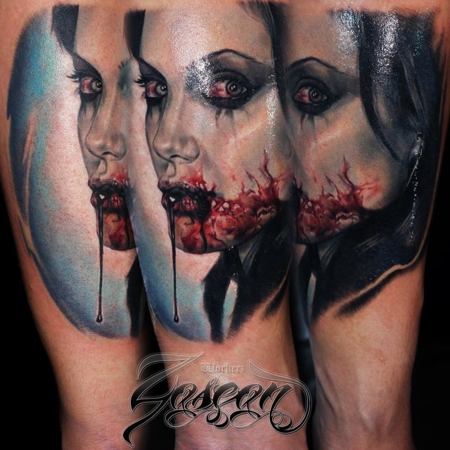 Girl Vampire Bloody Face Tattoo