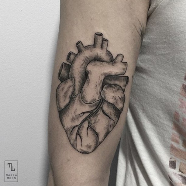 the anatomically correct etching heart tattoo on arm