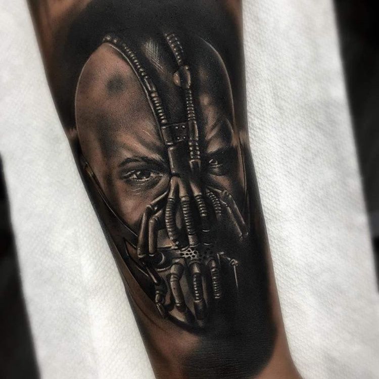 Bane from Batman Movie portrait tattoo on arm