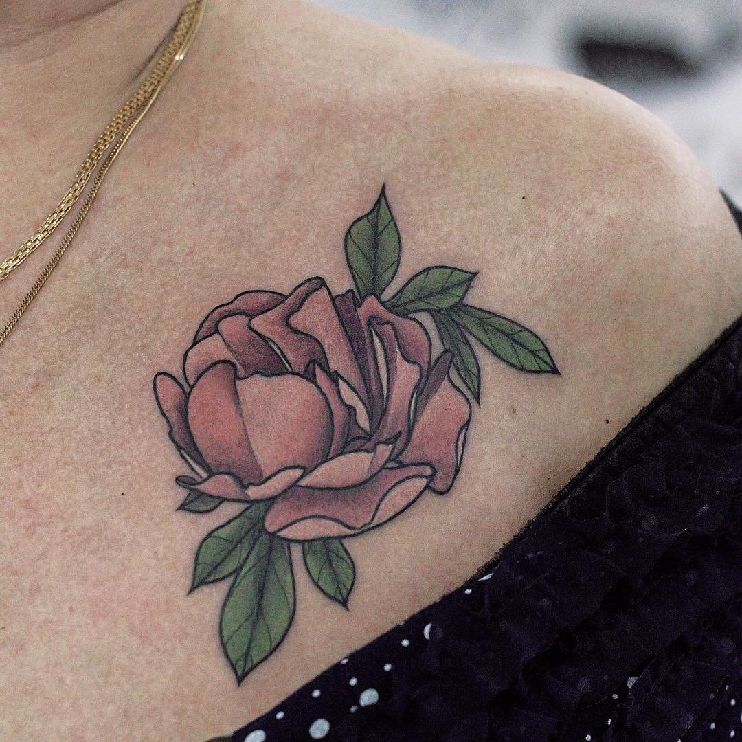 Peony flower tattoo on collar bone