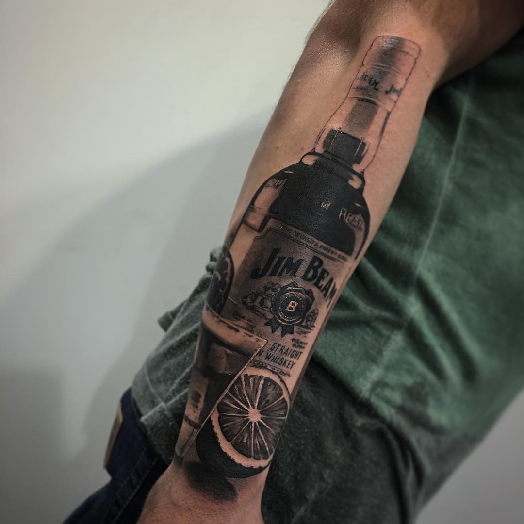 Jim Beam Bottle Tattoo on Arm
