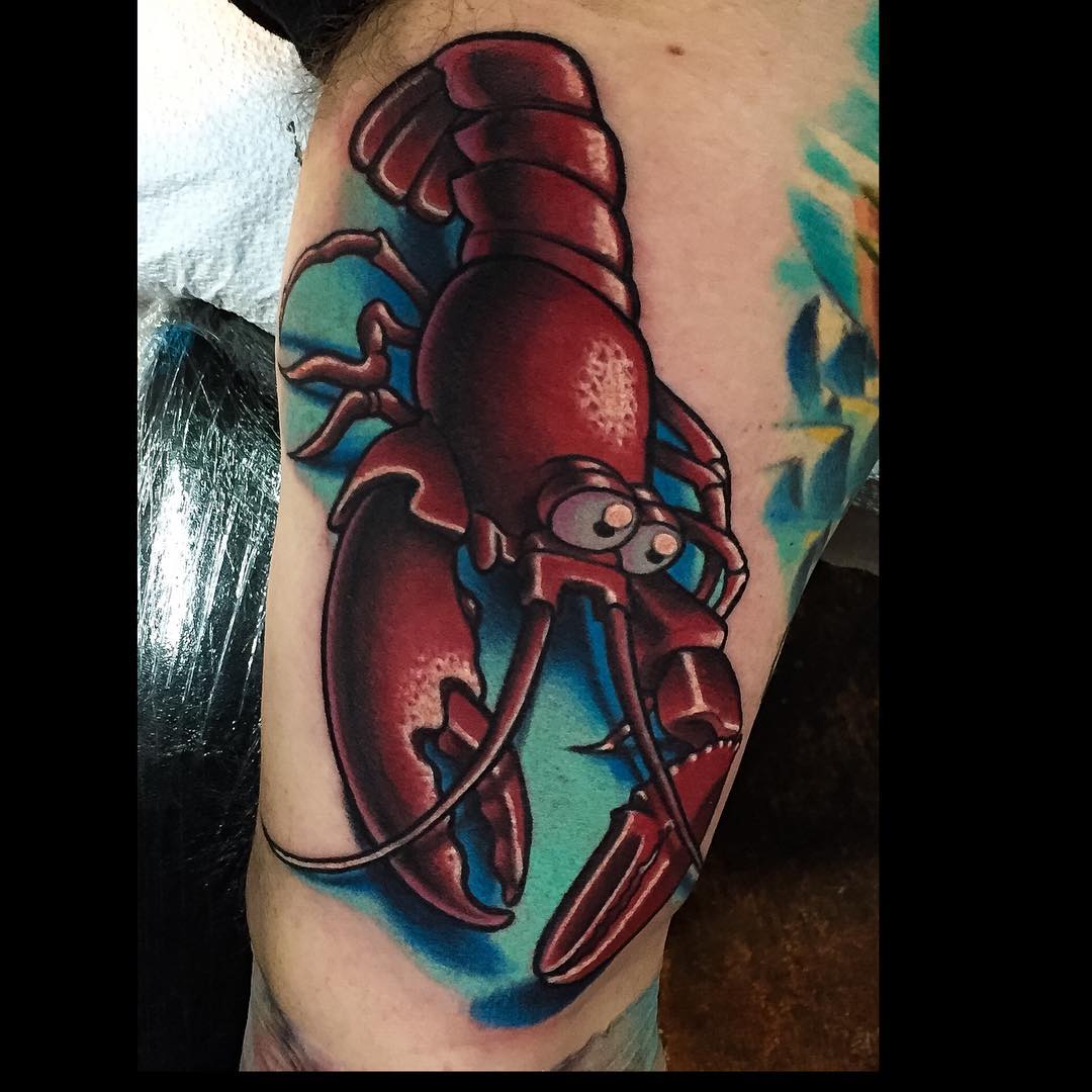 funny looking red lobster tattoo in new school style