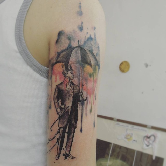 watercolor tattoof a man in the rain
