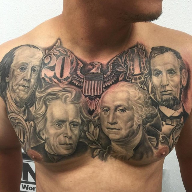 Chest tattoo of four dollar presidents