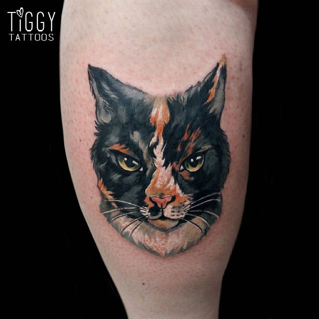 watercolor realistic tattoo of a cat face