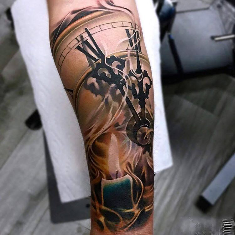 tattoo of clock with burning candle