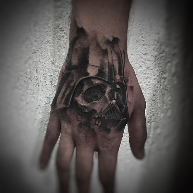water color darth vader tattoo on hand