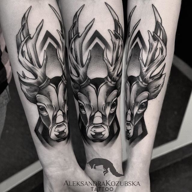 black and grey tattoo deer