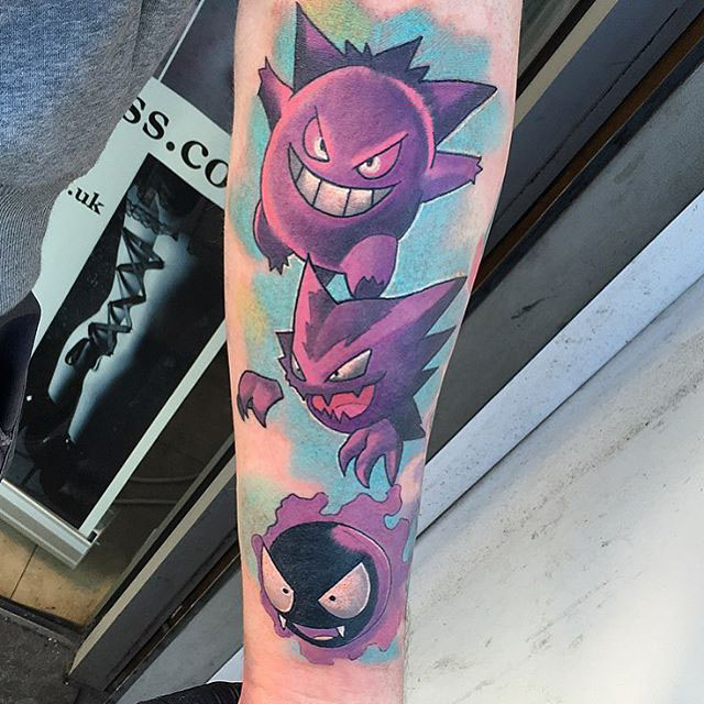 three pokemon tattoos on arm