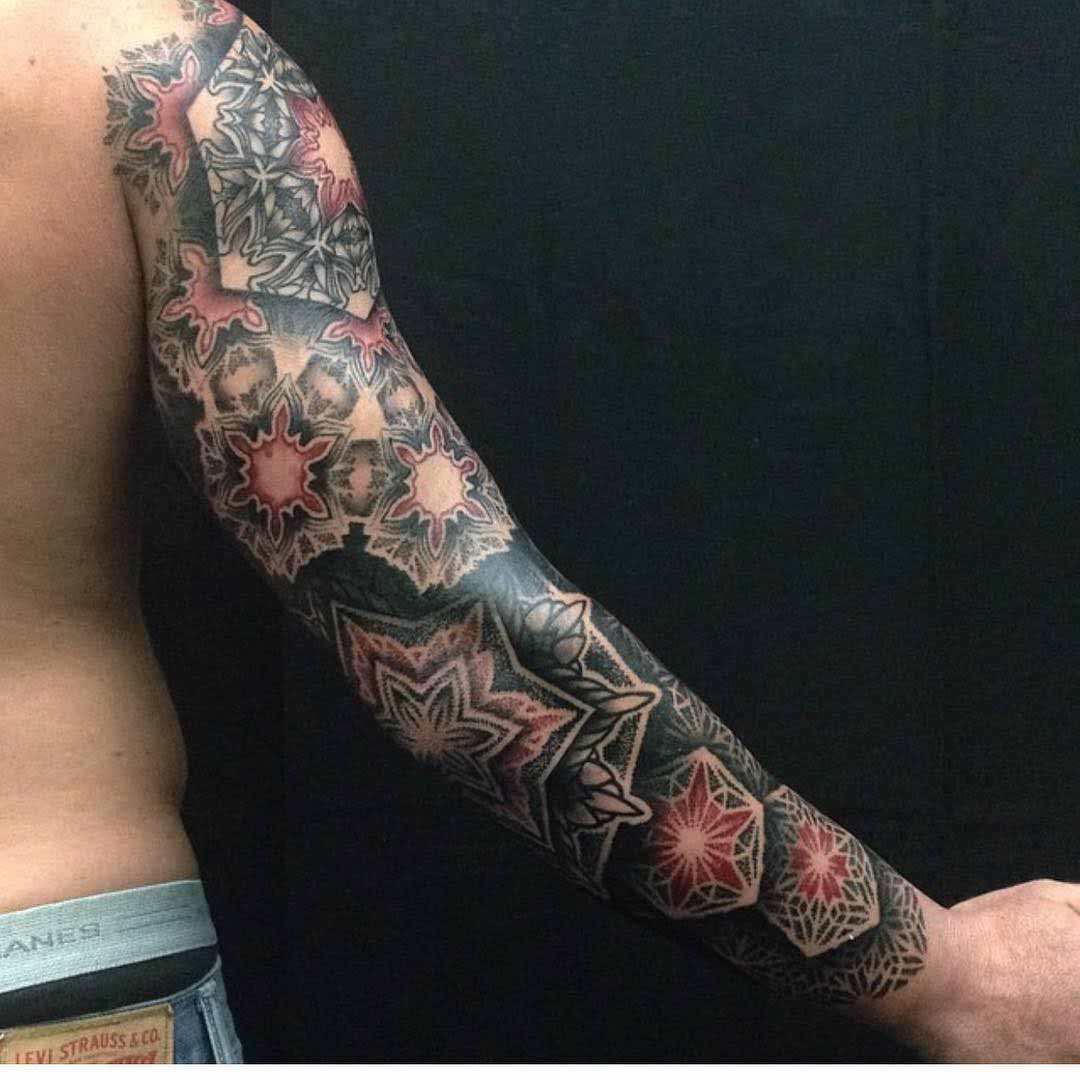 full dotwork tattoo sleeve on arm