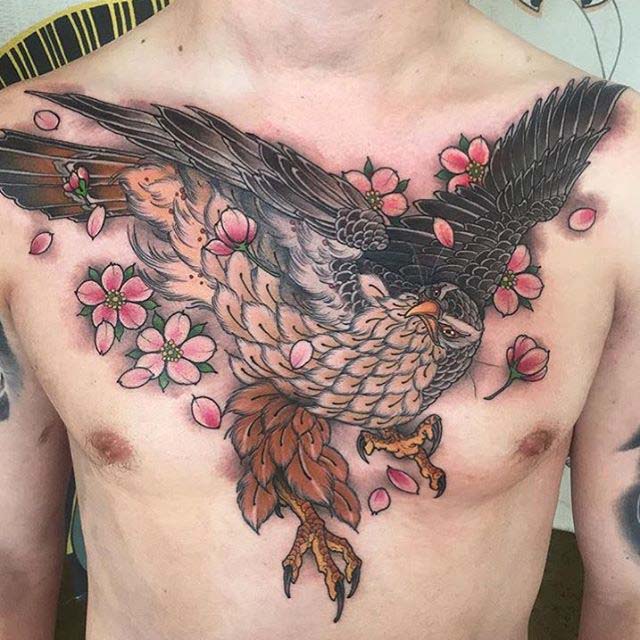 chest japanese tattoo of hawk