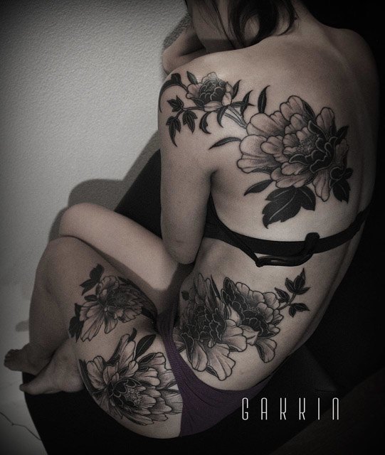 girl body peony flower tattoos