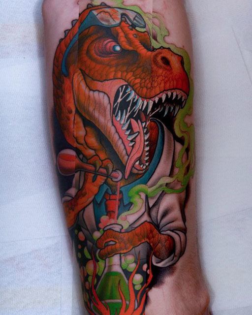 new school dino tattoo by T-Rex Scientist Tattoo