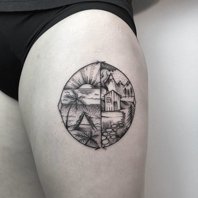 circle landscapes tattoo on thigh
