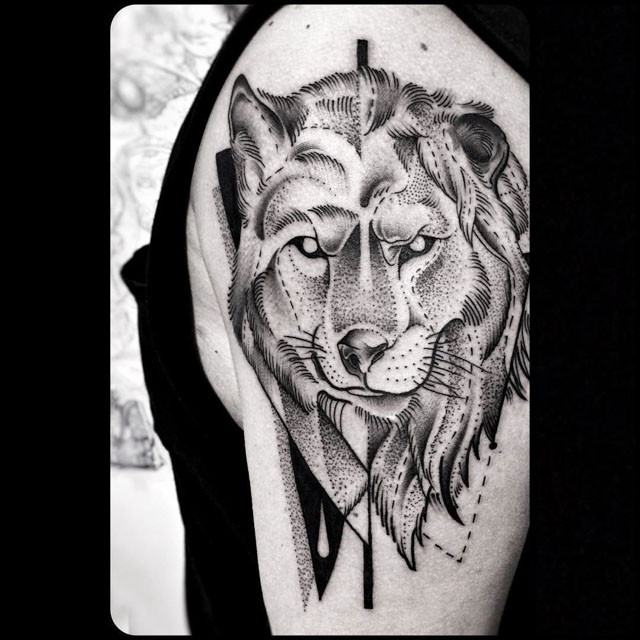 Wolf and Lion Heads tattoo