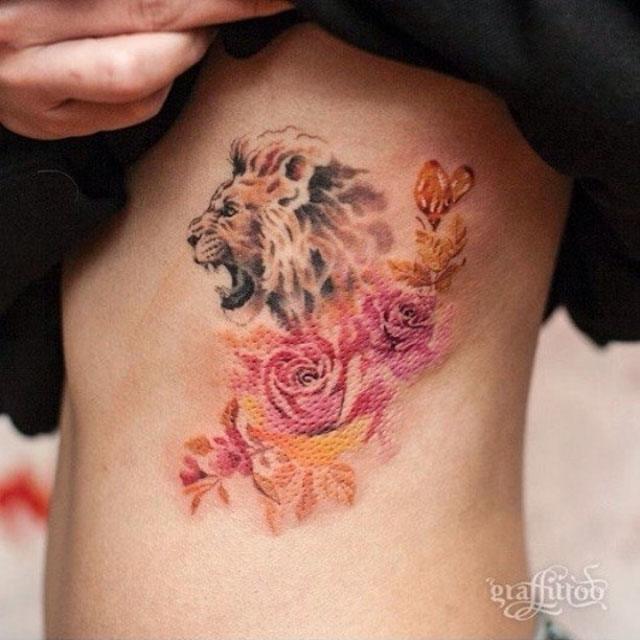 watercolor roses and lion tattoo
