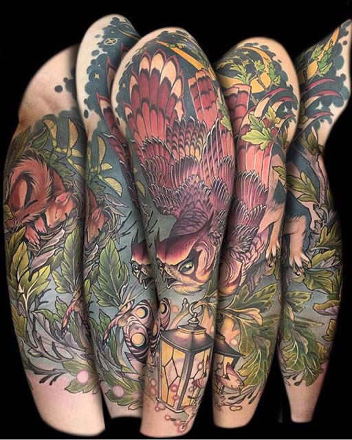 sleeve tattoo owl and lantern
