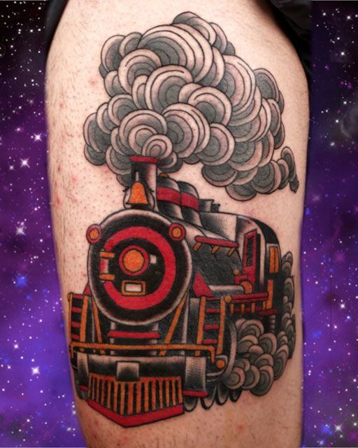 neo-traditional tattoo steam locomotive